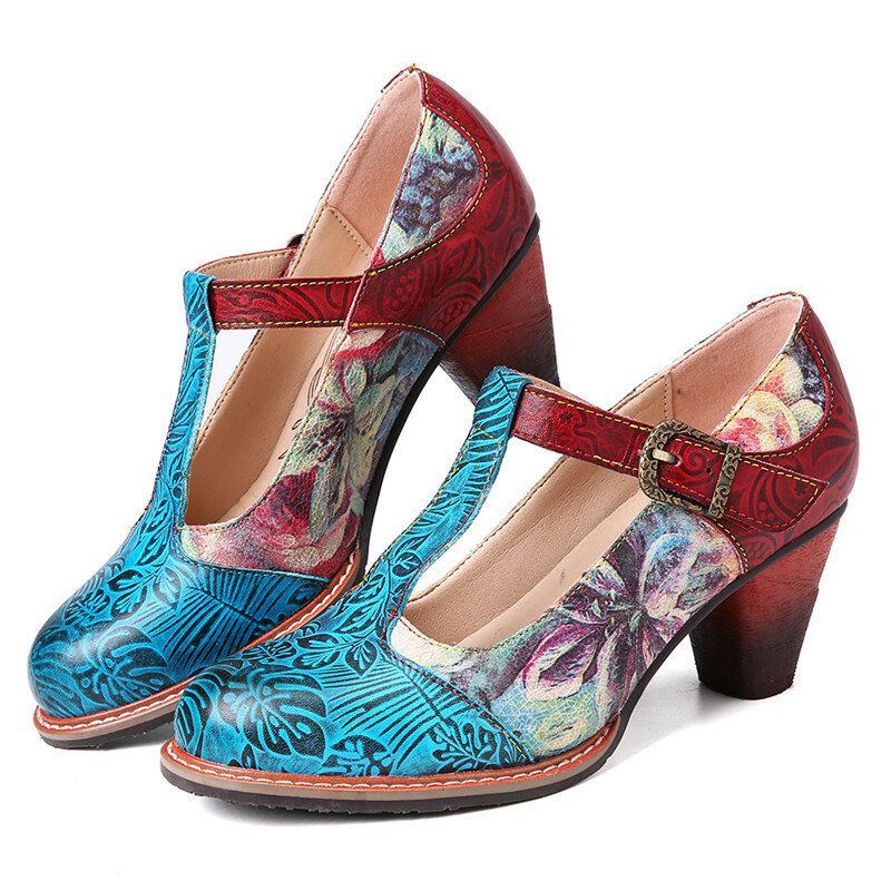 Damen Retro Echtleder Pumps Mit Blumenprägung Und Blättern T Riemen Blockabsatz