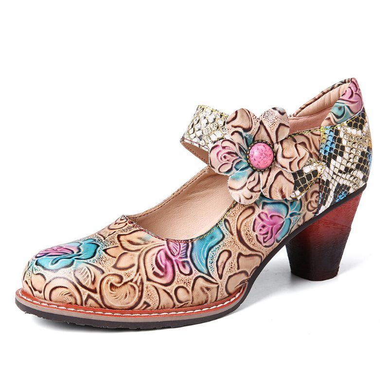 Damen Retro Leder Blumenspleißen Schlangenleder Pumps Mit Runder Spitze Und Klobigem Absatz