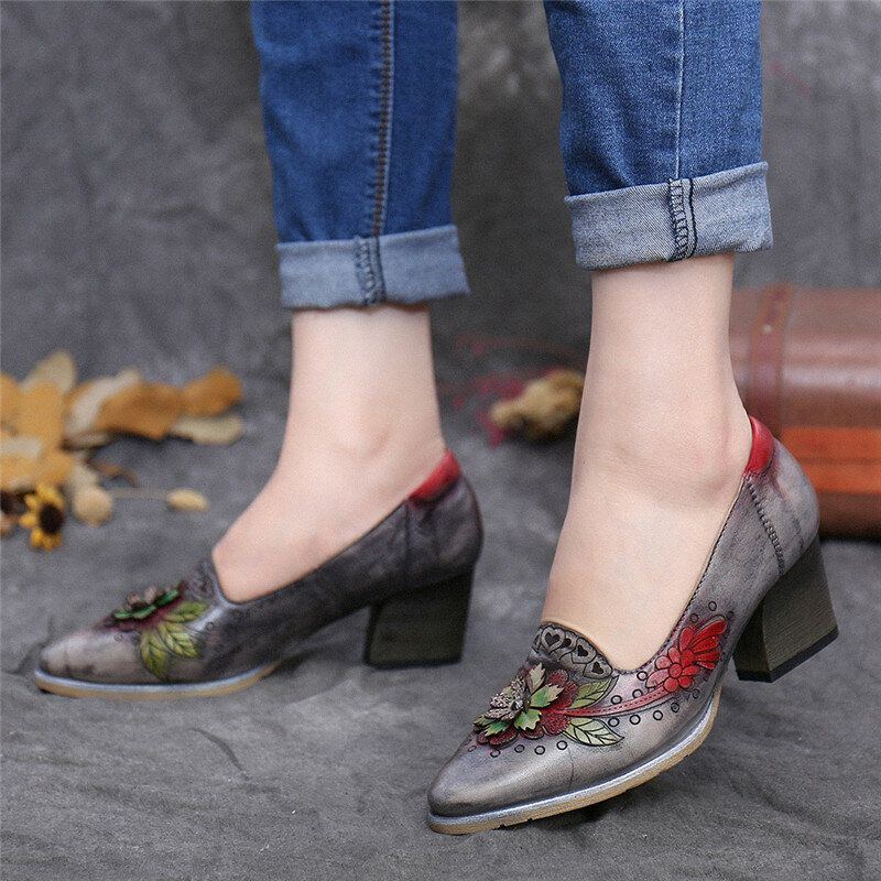 Damen Retro Spleiß Blumen Leder Slip On Blockabsatz Pumps Kleid Schuhe