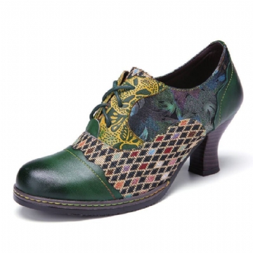 Damen Vintage Leder Floral Plaid Splicing Lace Up Green Chunky Heel Pumps