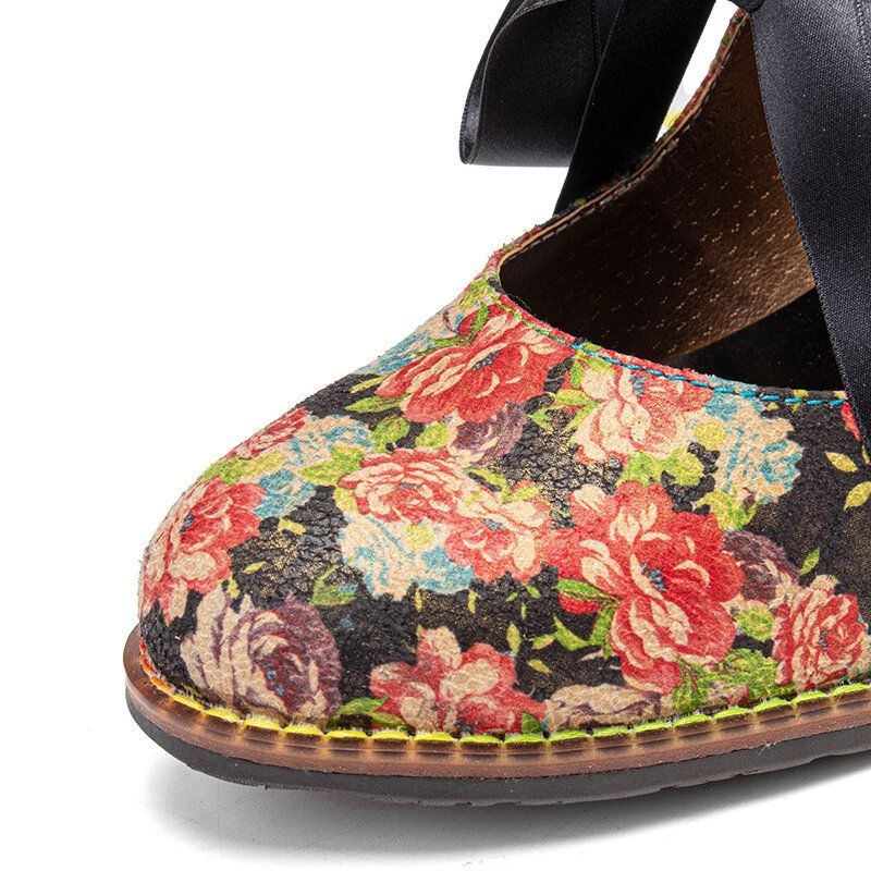 Elegante Anmutige Kleine Blumen Bedruckte Bequeme Tragbare Schnür Pumps Mit Klobigem Absatz