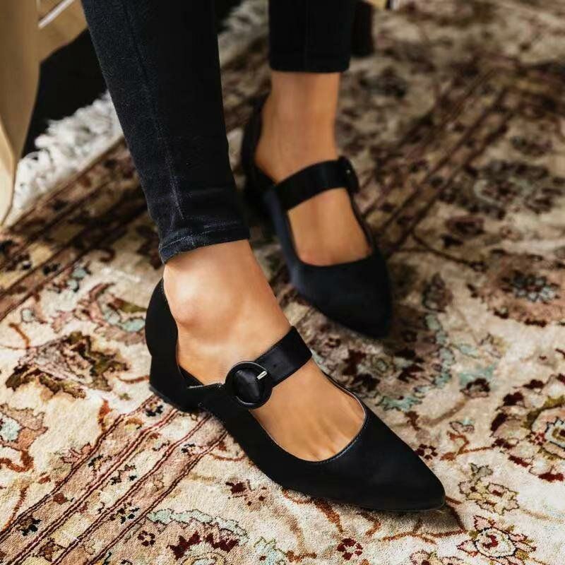 Elegante Spitz Zulaufende Einfarbige Knöchelschnallenriemen Slip On Pumps Mit Klobigem Absatz