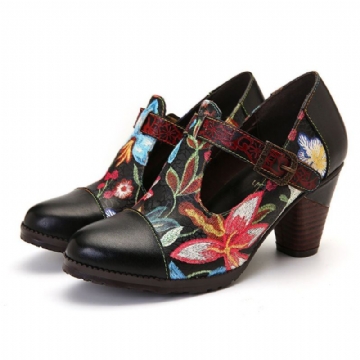 Folkways Bunte Blumennähte Aus Echtem Leder Retro T Riemen Kleid Pumps Für Damen