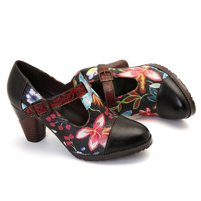 Folkways Bunte Blumennähte Aus Echtem Leder Retro T Riemen Kleid Pumps Für Damen