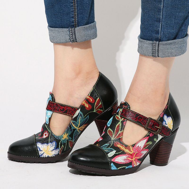 Folkways Bunte Blumennähte Aus Echtem Leder Retro T Riemen Kleid Pumps Für Damen