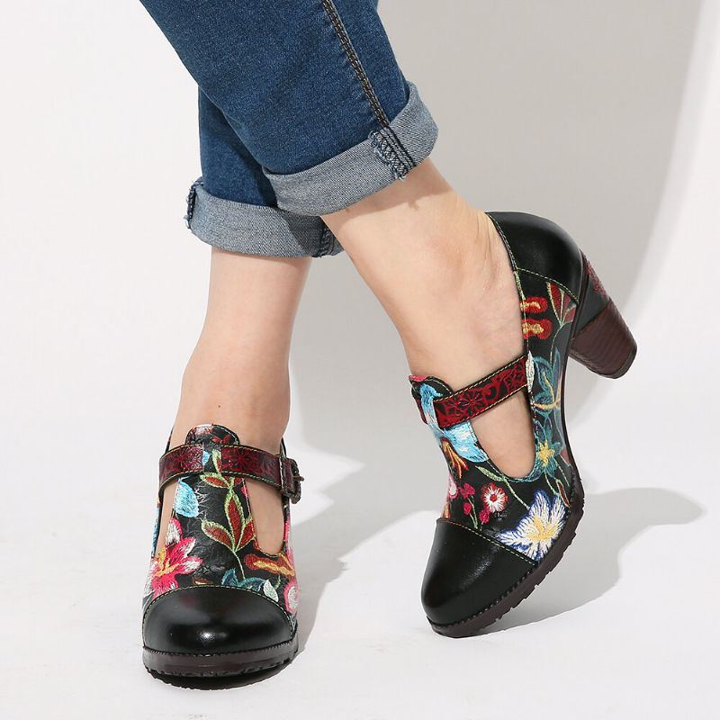 Folkways Bunte Blumennähte Aus Echtem Leder Retro T Riemen Kleid Pumps Für Damen