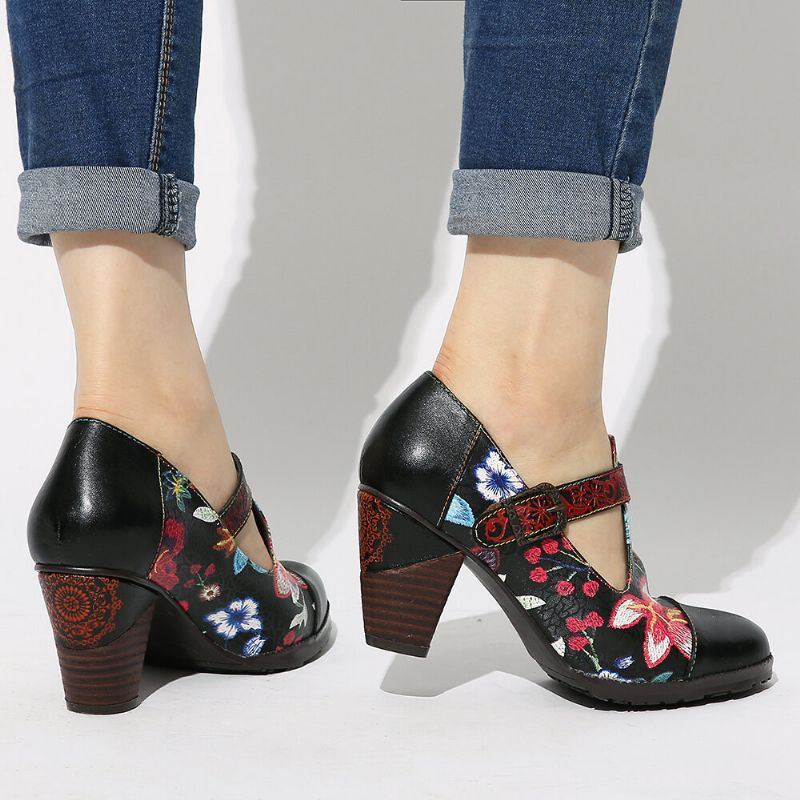 Folkways Bunte Blumennähte Aus Echtem Leder Retro T Riemen Kleid Pumps Für Damen