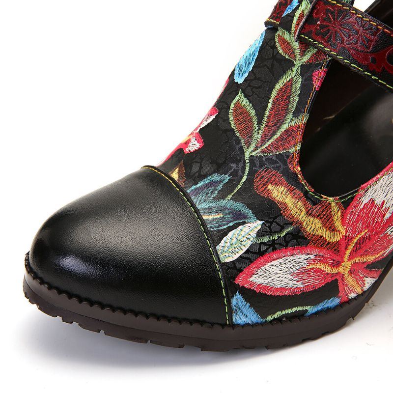 Folkways Bunte Blumennähte Aus Echtem Leder Retro T Riemen Kleid Pumps Für Damen