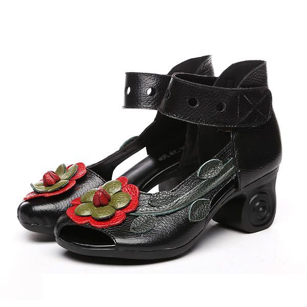 Damen Blume Retro Echtes Leder Handgefertigte Sandalen