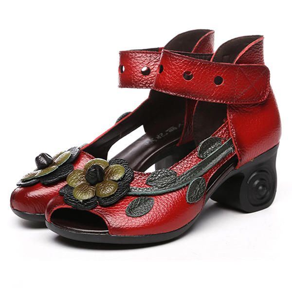 Damen Blume Retro Echtes Leder Handgefertigte Sandalen