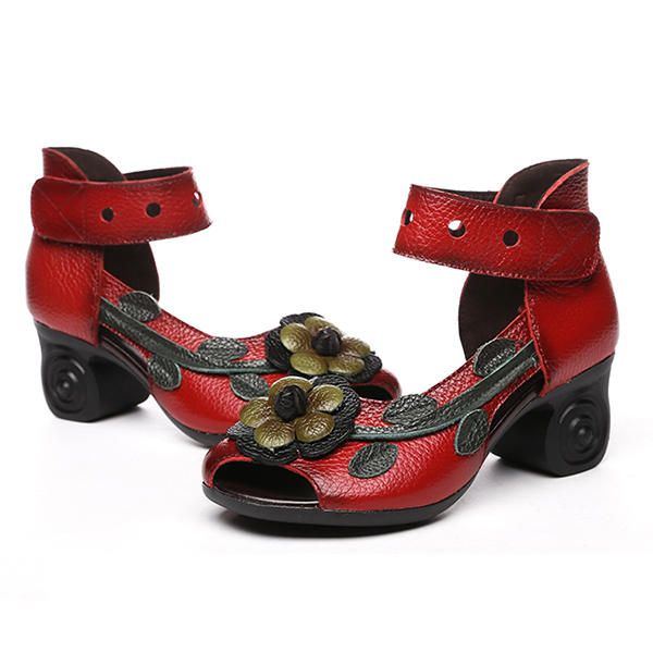 Damen Blume Retro Echtes Leder Handgefertigte Sandalen