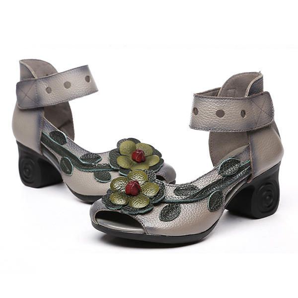 Damen Blume Retro Echtes Leder Handgefertigte Sandalen