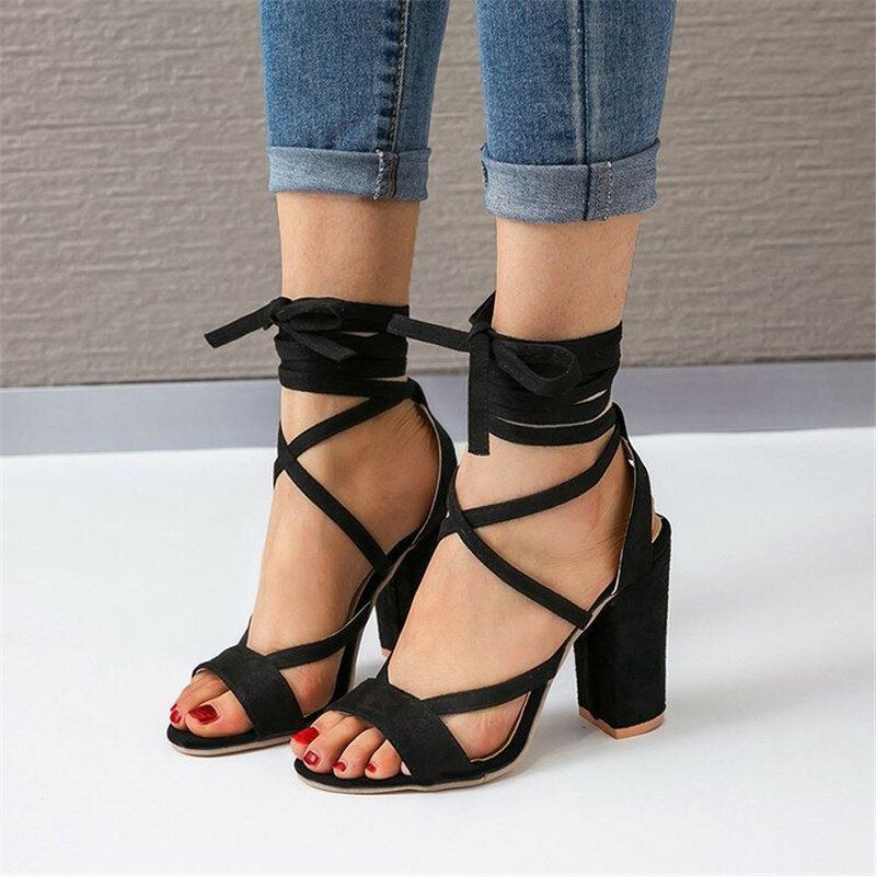 Damen Plus Size Riemchen Open Toe Wildleder High Heel Sommersandalen