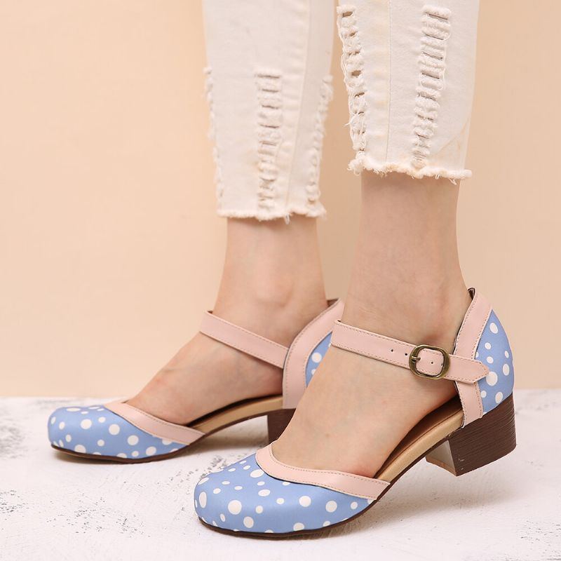 Damen Polka Dot Round Toe Ankle Strap Blockabsatz Lässige Comfy Heels Pumps