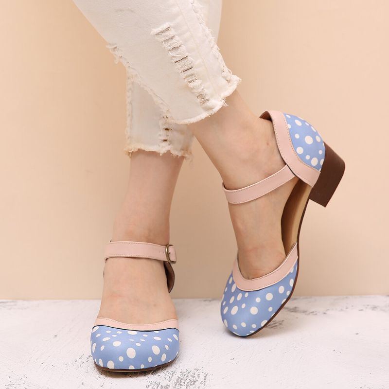 Damen Polka Dot Round Toe Ankle Strap Blockabsatz Lässige Comfy Heels Pumps