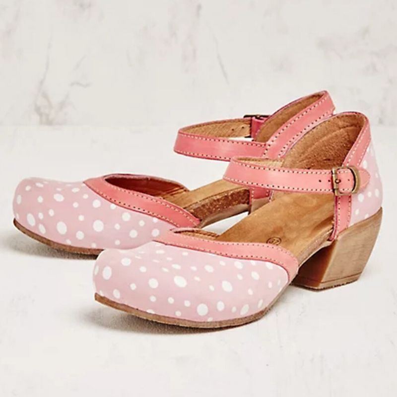 Damen Polka Dot Round Toe Ankle Strap Blockabsatz Lässige Comfy Heels Pumps