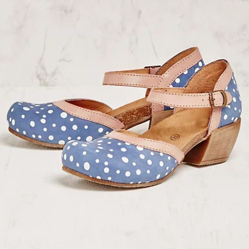 Damen Polka Dot Round Toe Ankle Strap Blockabsatz Lässige Comfy Heels Pumps