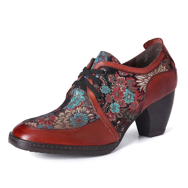 Damen Retro Stickerei Blumen Echtes Leder Anmutige Reißverschluss Pumps