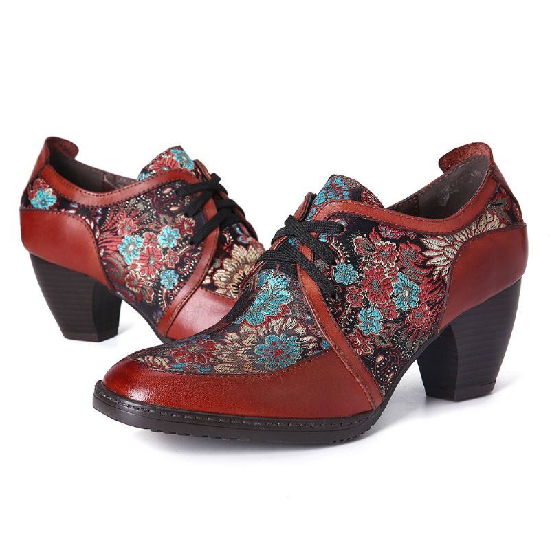 Damen Retro Stickerei Blumen Echtes Leder Anmutige Reißverschluss Pumps