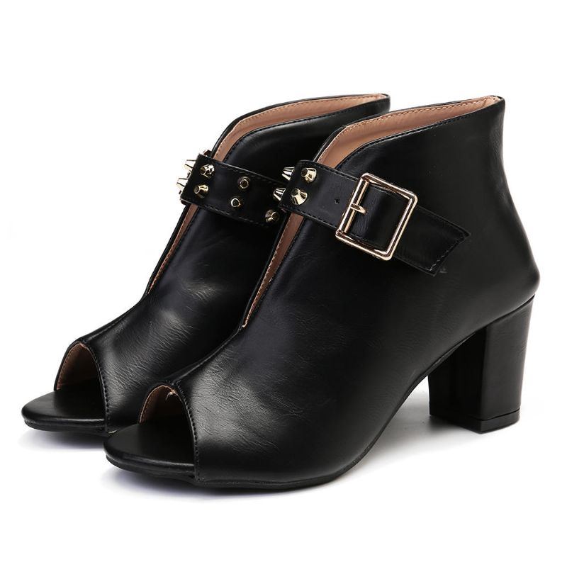 Damen Rivet Peep Toe Buckle High Heel Chunky Heel Pumps