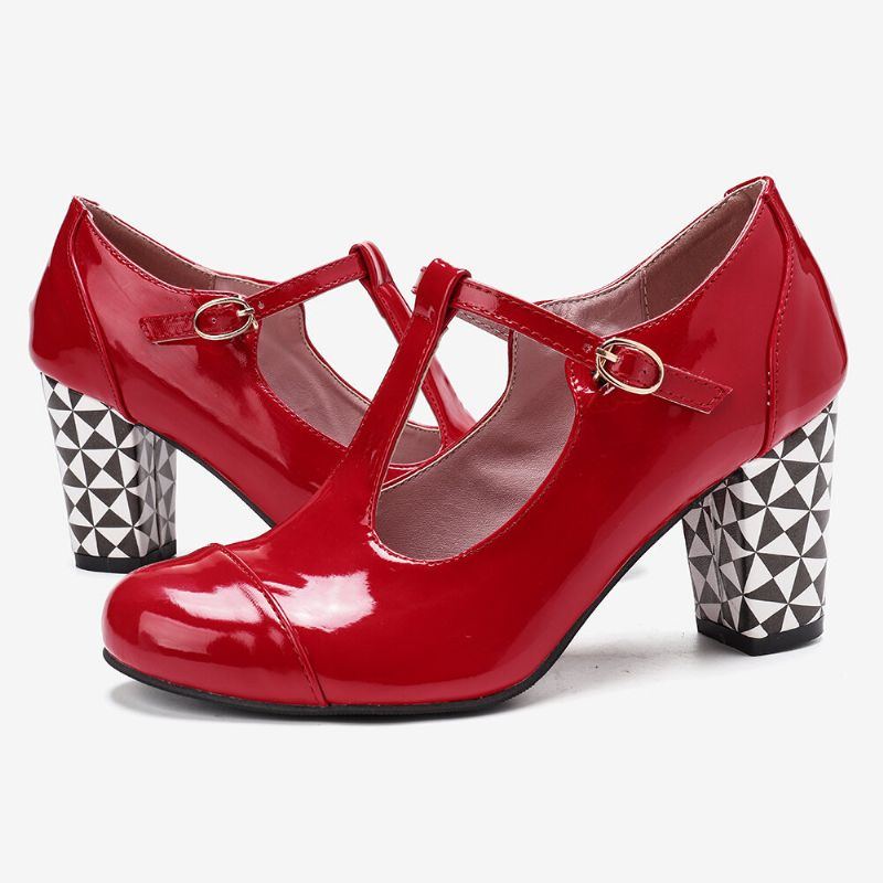 Damen T Riemen Geometrische Grafik Chunky Heel Cutout Lässige High Heels