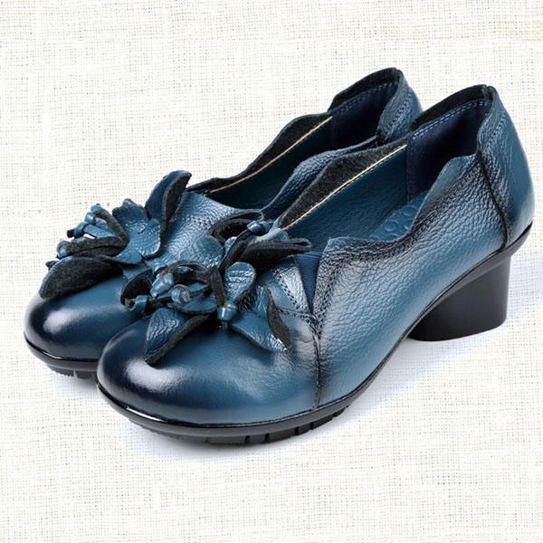 Große Damen Retro Pumps Mit Blumenschmuck Reine Farbe Mittlerer Absatz