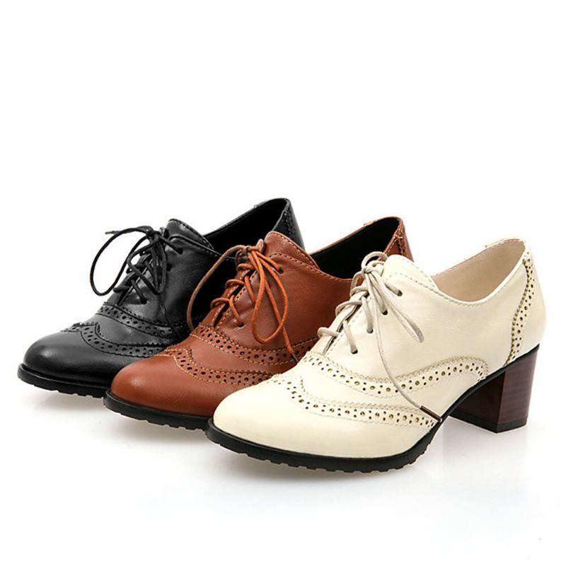 Große Damen Schnürschuhe Mit Bequemen Retro Oxfords Heels