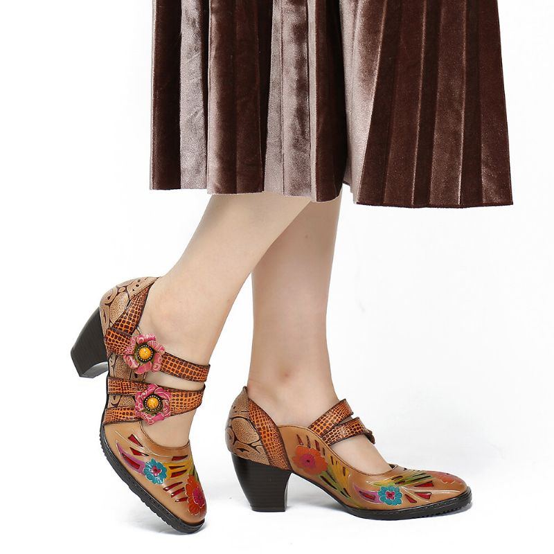 Pumps Mit Niedrigem Absatz Aus Echtem Leder Mit Blumenmuster Und Retro Print Für Damen