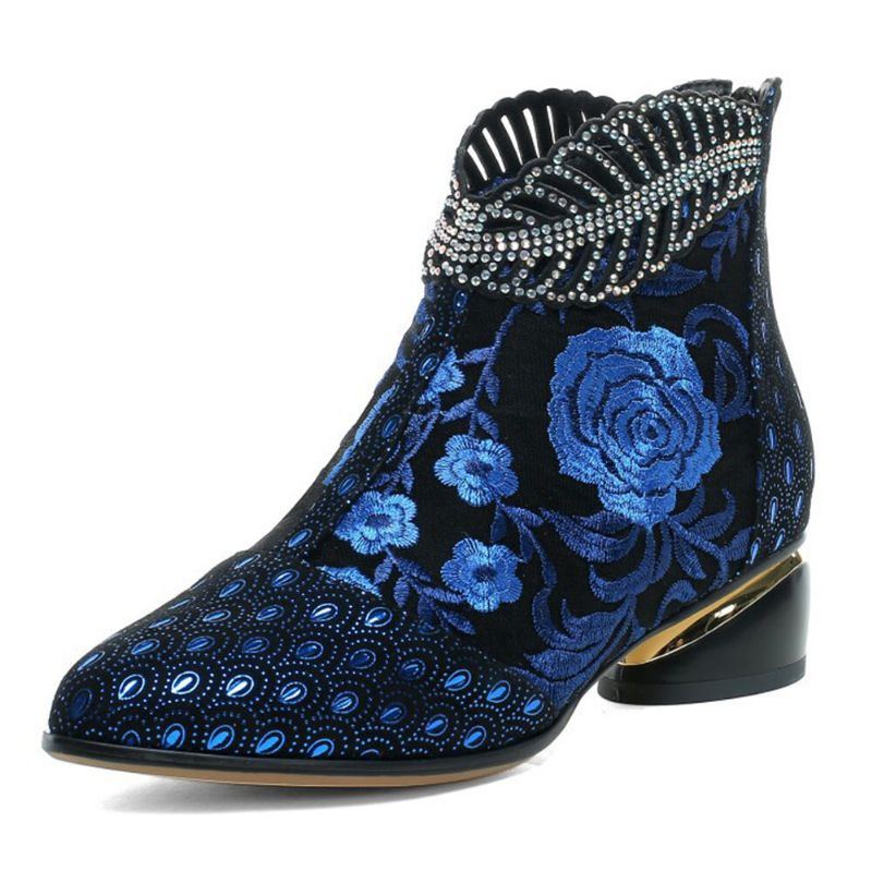 Bequeme Damen Stiefeletten Aus Weichem Leder Mit Bestickten Blumen Und Strasssteinen Und Klobigem Absatz