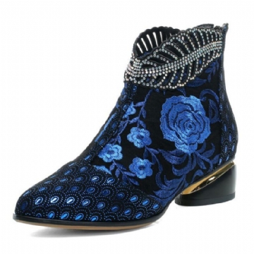 Bequeme Damen Stiefeletten Aus Weichem Leder Mit Bestickten Blumen Und Strasssteinen Und Klobigem Absatz