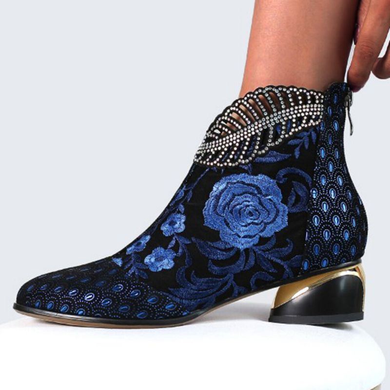 Bequeme Damen Stiefeletten Aus Weichem Leder Mit Bestickten Blumen Und Strasssteinen Und Klobigem Absatz