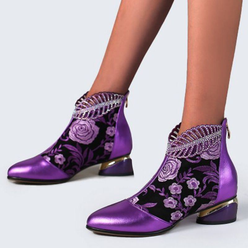 Bequeme Damen Stiefeletten Aus Weichem Leder Mit Bestickten Blumen Und Strasssteinen Und Klobigem Absatz