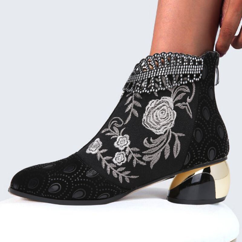 Bequeme Damen Stiefeletten Aus Weichem Leder Mit Bestickten Blumen Und Strasssteinen Und Klobigem Absatz