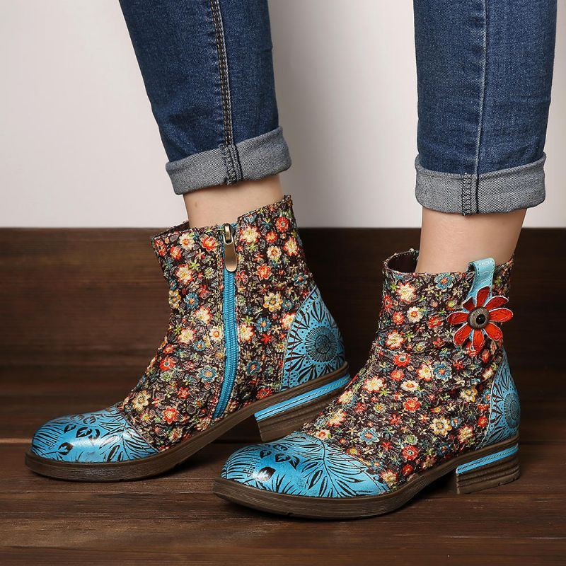 Bequeme Stiefeletten Aus Echtem Leder Mit Blumenspleißen Für Damen