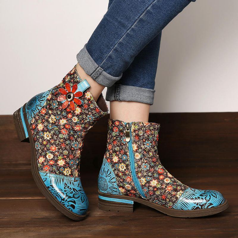 Bequeme Stiefeletten Aus Echtem Leder Mit Blumenspleißen Für Damen