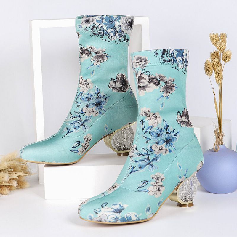 Bequeme Stilvolle Gestickte Blumen Stoff Elastischer Slip On Kurze Stiefel Mit Klobigem Absatz