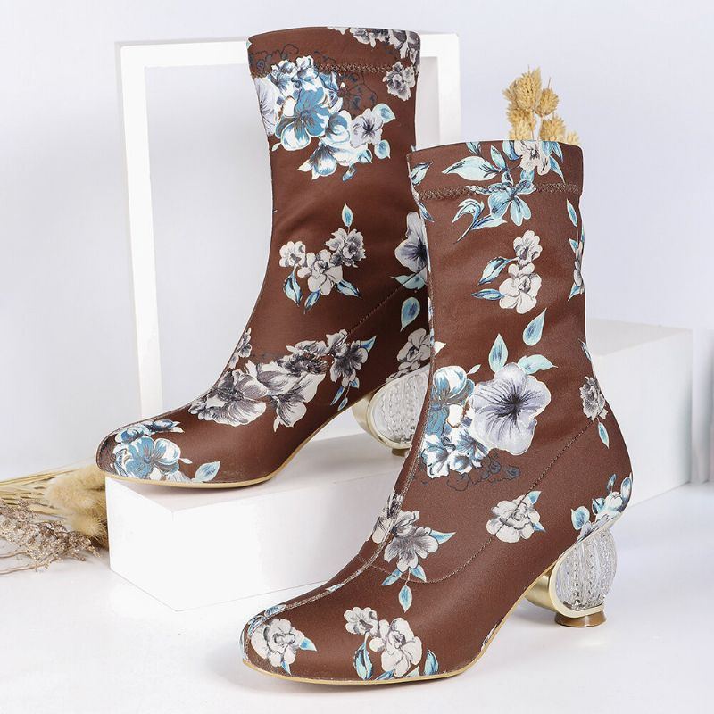 Bequeme Stilvolle Gestickte Blumen Stoff Elastischer Slip On Kurze Stiefel Mit Klobigem Absatz