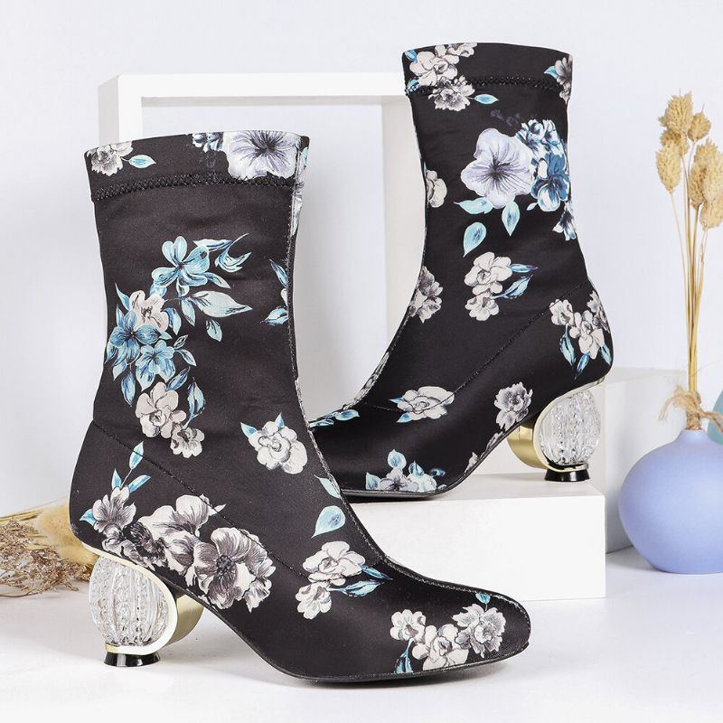 Bequeme Stilvolle Gestickte Blumen Stoff Elastischer Slip On Kurze Stiefel Mit Klobigem Absatz