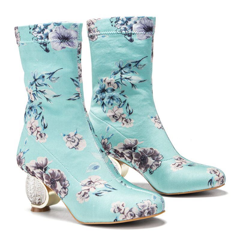 Bequeme Stilvolle Gestickte Blumen Stoff Elastischer Slip On Kurze Stiefel Mit Klobigem Absatz