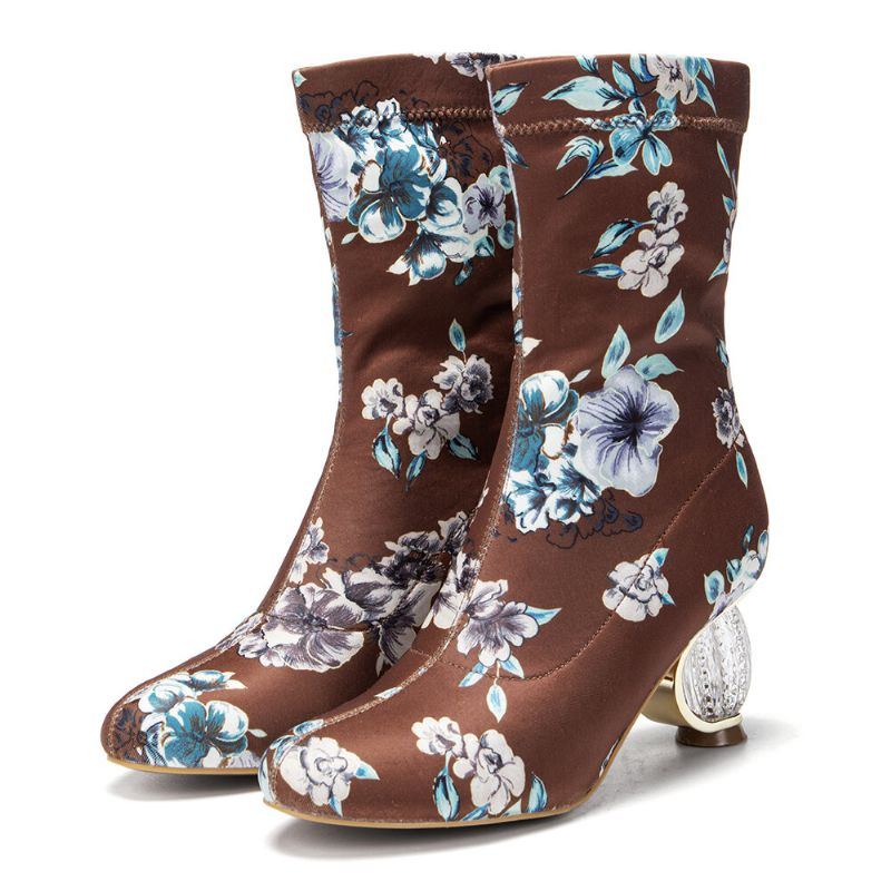 Bequeme Stilvolle Gestickte Blumen Stoff Elastischer Slip On Kurze Stiefel Mit Klobigem Absatz