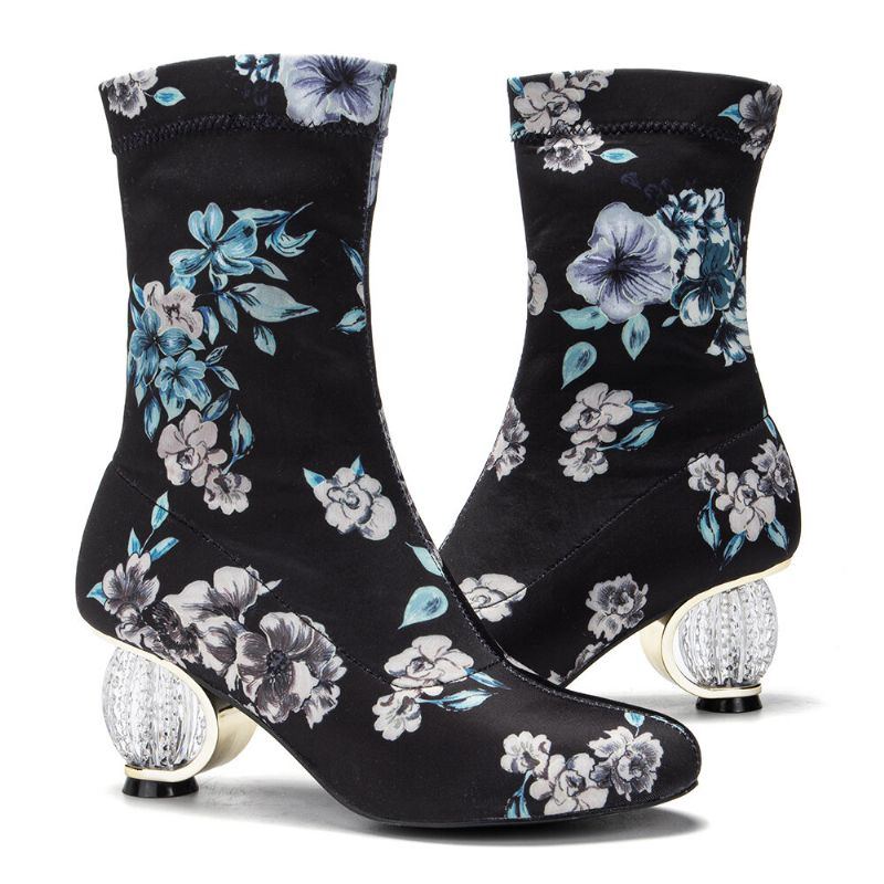 Bequeme Stilvolle Gestickte Blumen Stoff Elastischer Slip On Kurze Stiefel Mit Klobigem Absatz