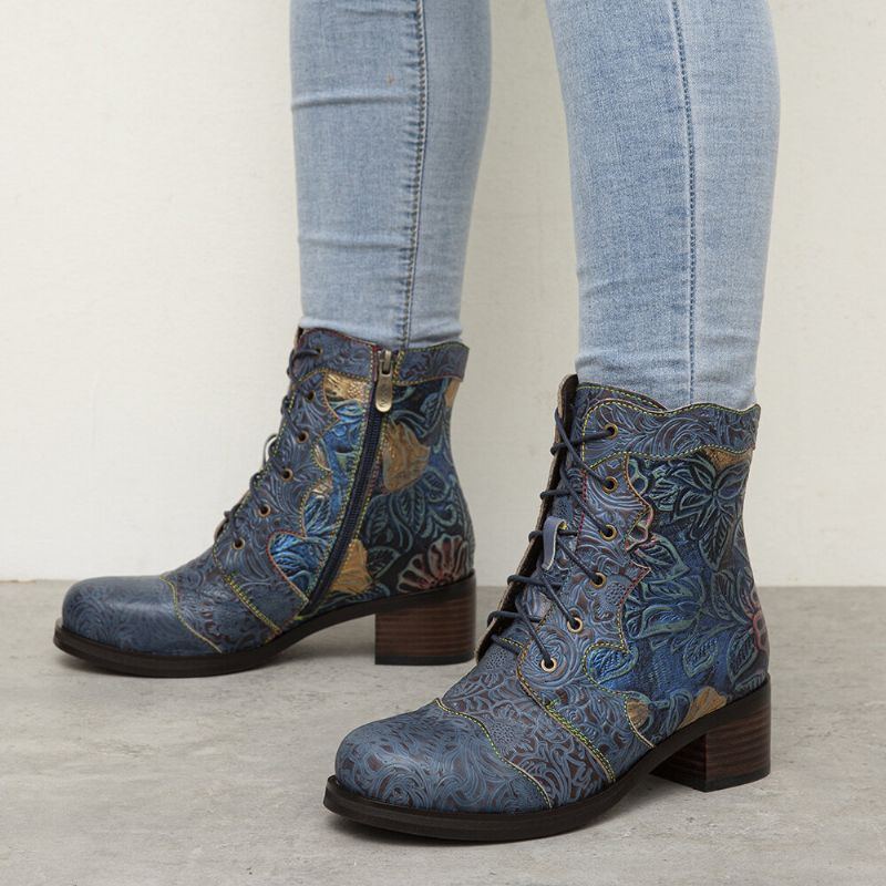 Bequeme Stöckelschuhe Aus Echtem Leder Mit Seitlichem Reißverschluss Und Retro Blumenmuster Für Damen