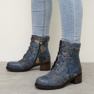 Bequeme Stöckelschuhe Aus Echtem Leder Mit Seitlichem Reißverschluss Und Retro Blumenmuster Für Damen