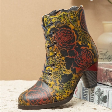 Bequeme Warme Gefütterte Damenstiefel Mit Klobigem Absatz Und Vintage Blumenmuster