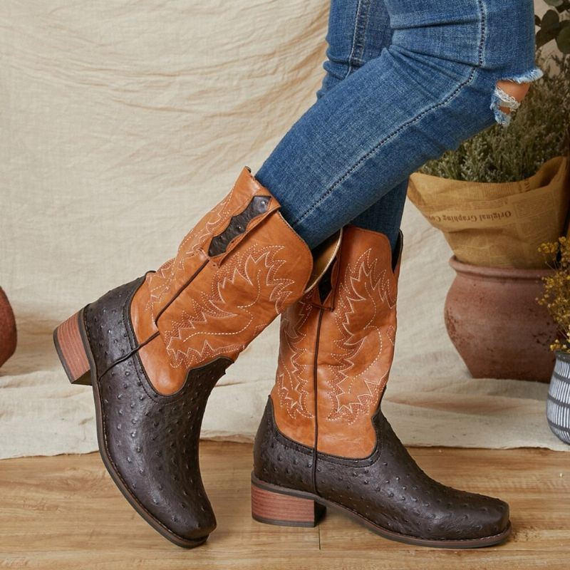 Bestickte Gespleißte Rutschfeste Mittelhohe Cowboystiefel Für Damen