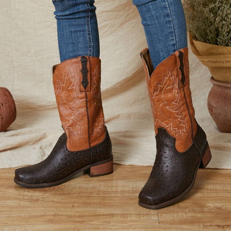 Bestickte Gespleißte Rutschfeste Mittelhohe Cowboystiefel Für Damen