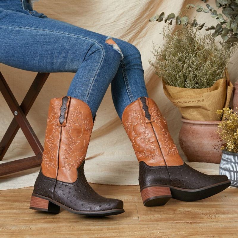 Bestickte Gespleißte Rutschfeste Mittelhohe Cowboystiefel Für Damen