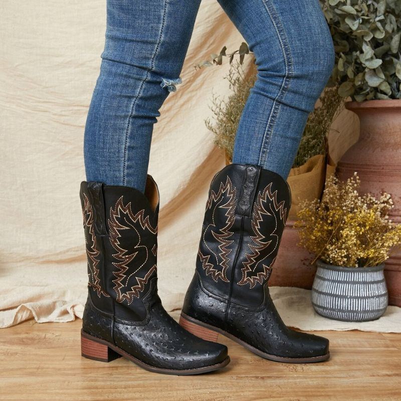 Bestickte Gespleißte Rutschfeste Mittelhohe Cowboystiefel Für Damen