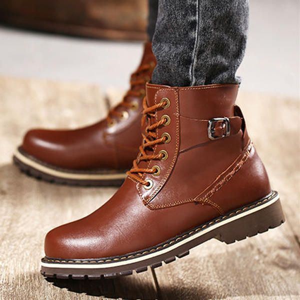 Big Size Herren Winter Baumwollstiefel Schnürstiefel Aus Leder Und Plüsch