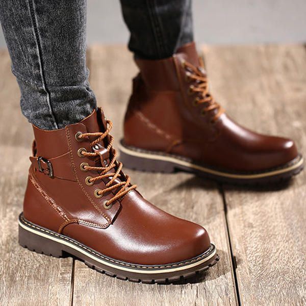 Big Size Herren Winter Baumwollstiefel Schnürstiefel Aus Leder Und Plüsch